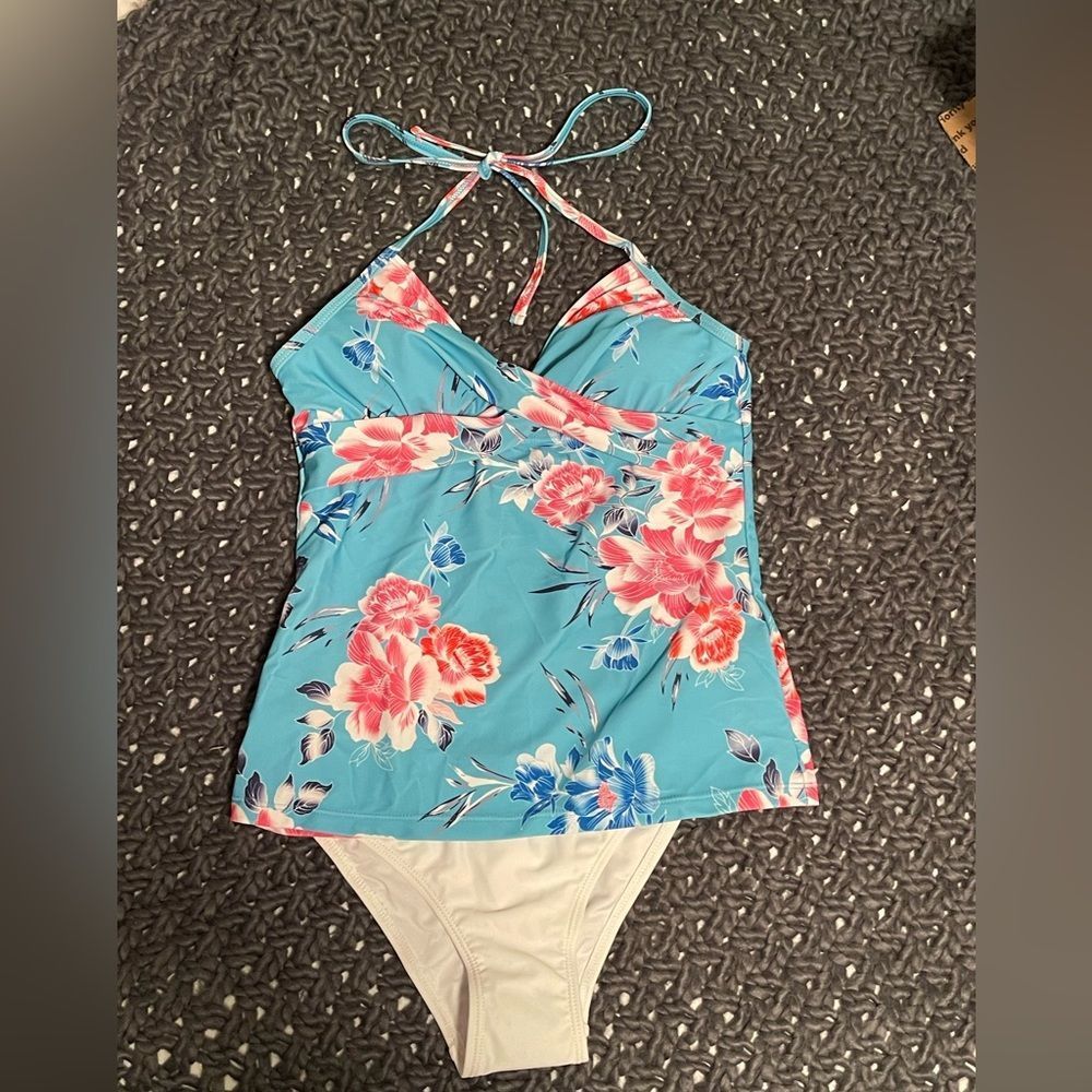 XS Halter Blue and Pink Floral Top and White Bikini Bottoms
